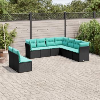 ARDEBO.de - 9-teiliges Gartensofa-Set mit Kissen, schwarzes Polyrattan