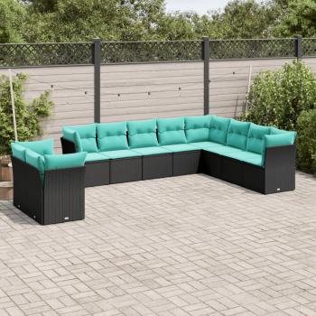 ARDEBO.de - 10-teiliges Gartensofa-Set mit Kissen, schwarzes Polyrattan