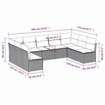 9-teiliges Gartensofa-Set mit Kissen, schwarzes Polyrattan