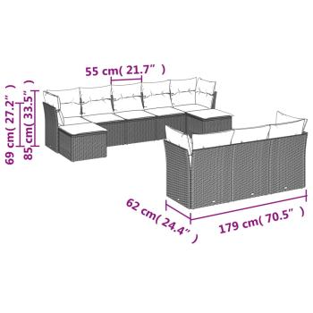 10-teiliges Gartensofa-Set mit Kissen, schwarzes Polyrattan