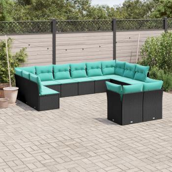 ARDEBO.de - 12-teiliges Gartensofa-Set mit Kissen, schwarzes Polyrattan