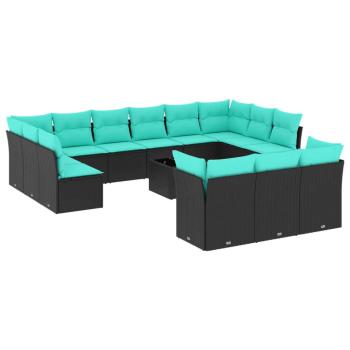 14-teiliges Gartensofa-Set mit Kissen, schwarzes Polyrattan