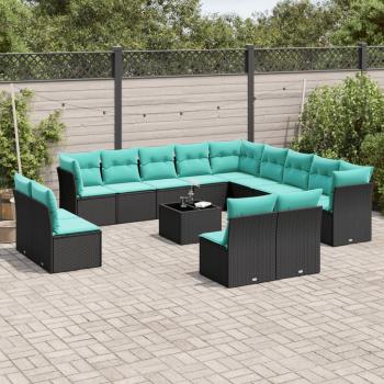 ARDEBO.de - 14-teiliges Gartensofa-Set mit Kissen, schwarzes Polyrattan