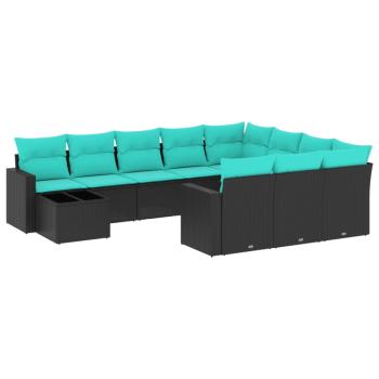 11-teiliges Gartensofa-Set mit Kissen, schwarzes Polyrattan