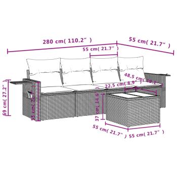 5-teiliges Gartensofa-Set mit Kissen, schwarzes Polyrattan