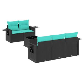 6-teiliges Gartensofa-Set mit Kissen, schwarzes Polyrattan