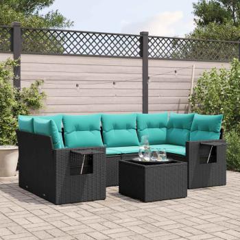 ARDEBO.de - 7-teiliges Gartensofa-Set mit Kissen, schwarzes Polyrattan