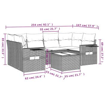 7-teiliges Gartensofa-Set mit Kissen, schwarzes Polyrattan