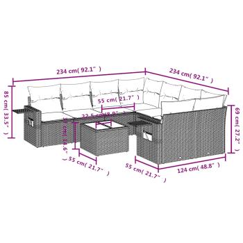 9-teiliges Gartensofa-Set mit Kissen, schwarzes Polyrattan