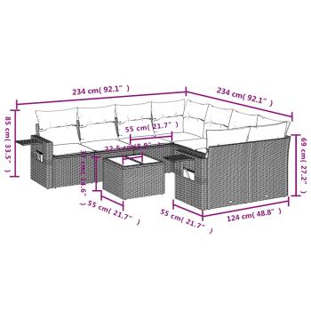 9-teiliges Gartensofa-Set mit Kissen, grau, Polyrattan