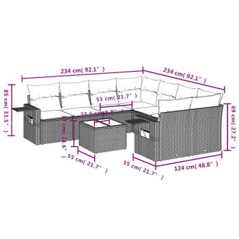 9-teiliges Gartensofa-Set mit Kissen, braun, Polyrattan