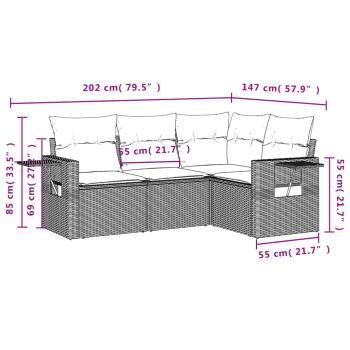 4-teiliges Gartensofa-Set mit Kissen, schwarzes Polyrattan