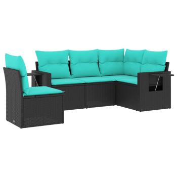 5-teiliges Gartensofa-Set mit Kissen, schwarzes Polyrattan