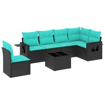 7-teiliges Gartensofa-Set mit Kissen, schwarzes Polyrattan