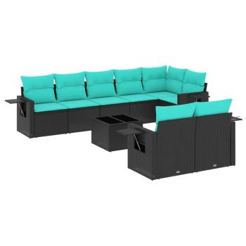 9-teiliges Gartensofa-Set mit Kissen, schwarzes Polyrattan