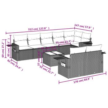 9-teiliges Gartensofa-Set mit Kissen, grau, Polyrattan
