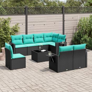 ARDEBO.de - 9-teiliges Gartensofa-Set mit Kissen, schwarzes Polyrattan