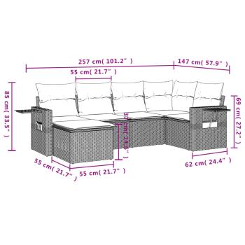 6-teiliges Gartensofa-Set mit Kissen, grau, Polyrattan