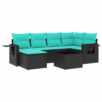 7-teiliges Gartensofa-Set mit Kissen, schwarzes Polyrattan