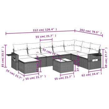 9-teiliges Gartensofa-Set mit Kissen, schwarzes Polyrattan