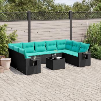 ARDEBO.de - 10-teiliges Gartensofa-Set mit Kissen, schwarzes Polyrattan