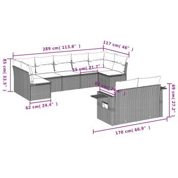 9-teiliges Gartensofa-Set mit Kissen, schwarzes Polyrattan