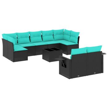 10-teiliges Gartensofa-Set mit Kissen, schwarzes Polyrattan