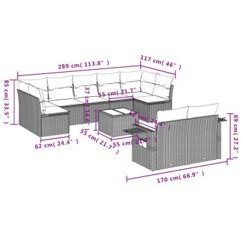 10-teiliges Gartensofa-Set mit Kissen, schwarzes Polyrattan