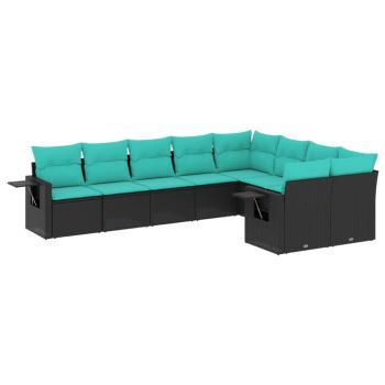 9-teiliges Gartensofa-Set mit Kissen, schwarzes Polyrattan