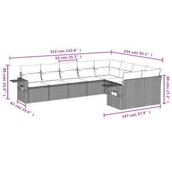 9-teiliges Gartensofa-Set mit Kissen, schwarzes Polyrattan