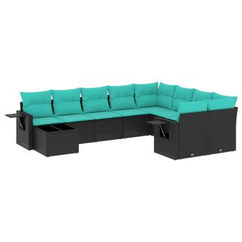 10-teiliges Gartensofa-Set mit Kissen, schwarzes Polyrattan