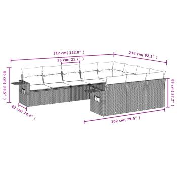 10-teiliges Gartensofa-Set mit Kissen, schwarzes Polyrattan