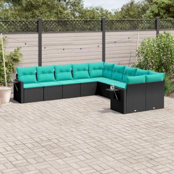 ARDEBO.de - 10-teiliges Gartensofa-Set mit Kissen, schwarzes Polyrattan