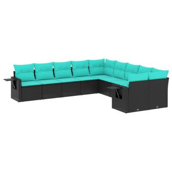 10-teiliges Gartensofa-Set mit Kissen, schwarzes Polyrattan