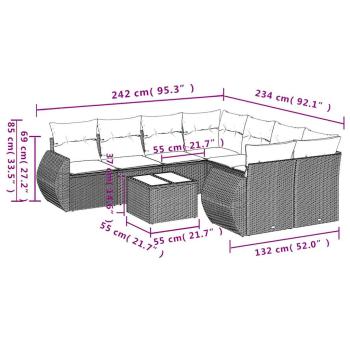9-teiliges Gartensofa-Set mit Kissen, grau, Polyrattan
