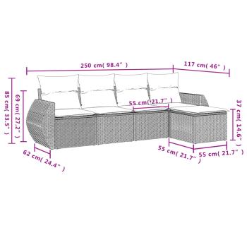 5-teiliges Gartensofa-Set mit Kissen, schwarzes Polyrattan