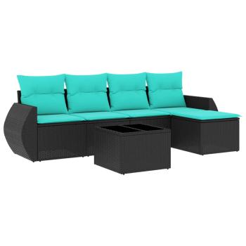 6-teiliges Gartensofa-Set mit Kissen, schwarzes Polyrattan