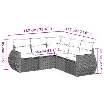 5-teiliges Gartensofa-Set mit Kissen, schwarzes Polyrattan