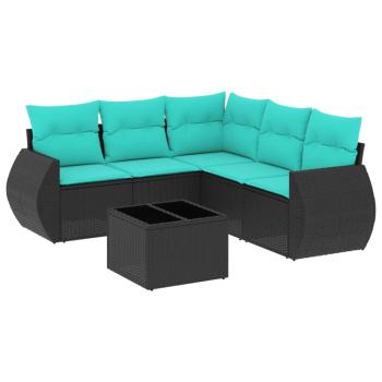 6-teiliges Gartensofa-Set mit Kissen, schwarzes Polyrattan