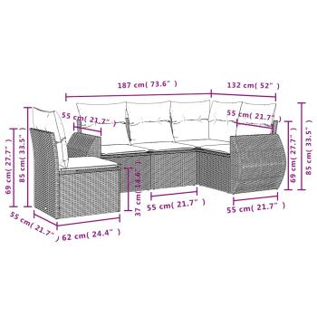 5-teiliges Gartensofa-Set mit Kissen, grau, Polyrattan