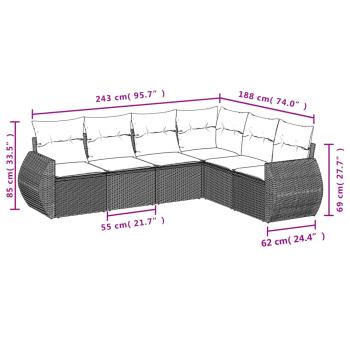 6-teiliges Gartensofa-Set mit Kissen, grau, Polyrattan