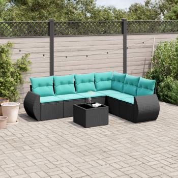 ARDEBO.de - 7-teiliges Gartensofa-Set mit Kissen, schwarzes Polyrattan