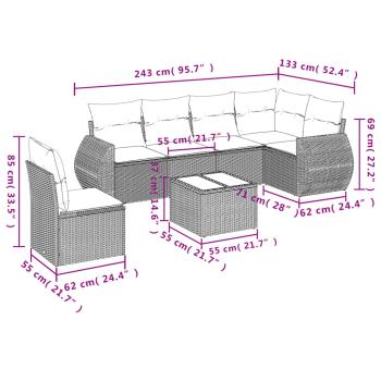 7-teiliges Gartensofa-Set mit Kissen, braun, Polyrattan