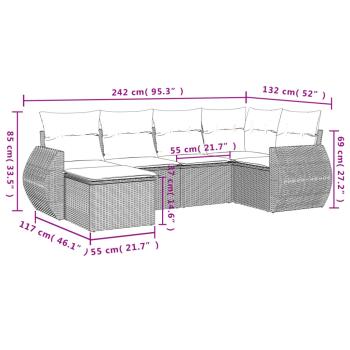 6-teiliges Gartensofa-Set mit Kissen, schwarzes Polyrattan