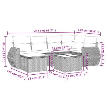 7-teiliges Gartensofa-Set mit Kissen, schwarzes Polyrattan