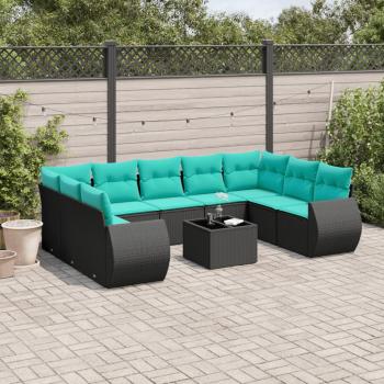 ARDEBO.de - 10-teiliges Gartensofa-Set mit Kissen, schwarzes Polyrattan