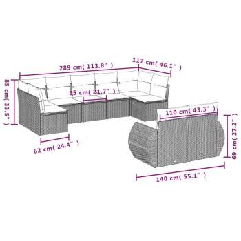 9-teiliges Gartensofa-Set mit Kissen, schwarzes Polyrattan