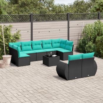 ARDEBO.de - 10-teiliges Gartensofa-Set mit Kissen, schwarzes Polyrattan