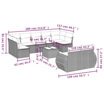 10-teiliges Gartensofa-Set mit Kissen, braun, Polyrattan