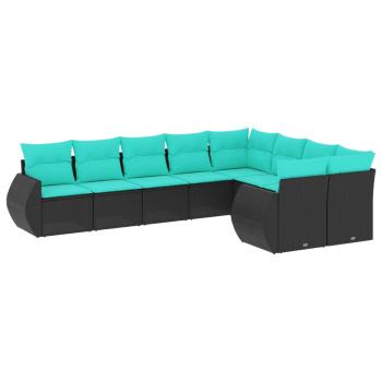 9-teiliges Gartensofa-Set mit Kissen, schwarzes Polyrattan